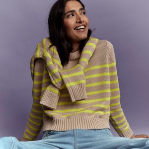 Lucy Chunky Cotton Sweater-Camel Melange. Neon Stripe