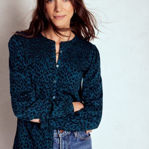 Elsa Smocked Yoke Jersey Shirt-Teal Leopard
