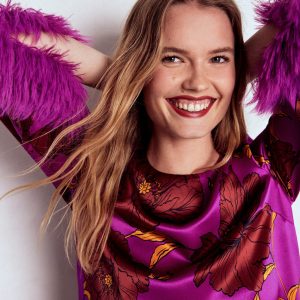 Feather Cuff Top-Regal Purple. Peony Bloom