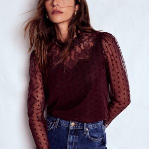 Tulle Yoke Embroidered Top-Dark Cherry