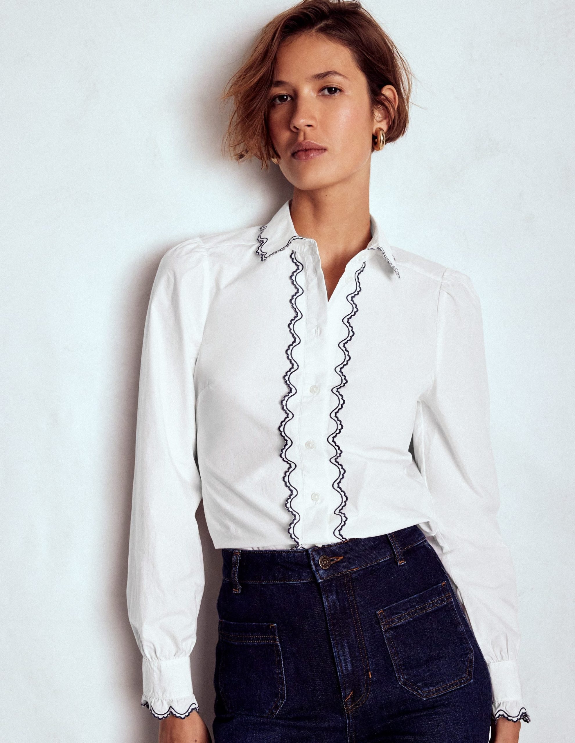 Embroidered Cotton Shirt-White. Navy Embroidery