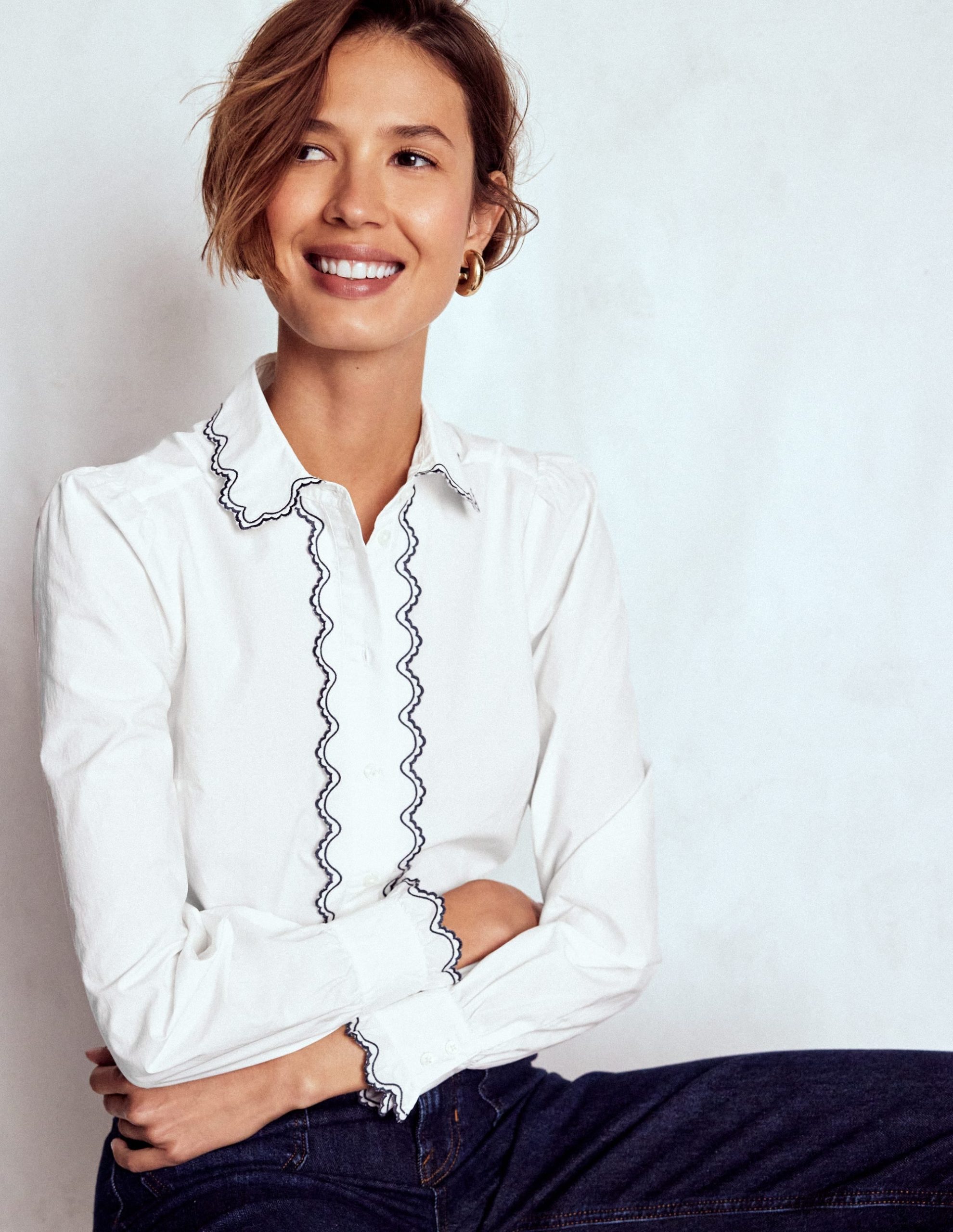 Embroidered Cotton Shirt-White. Navy Embroidery - Image 2