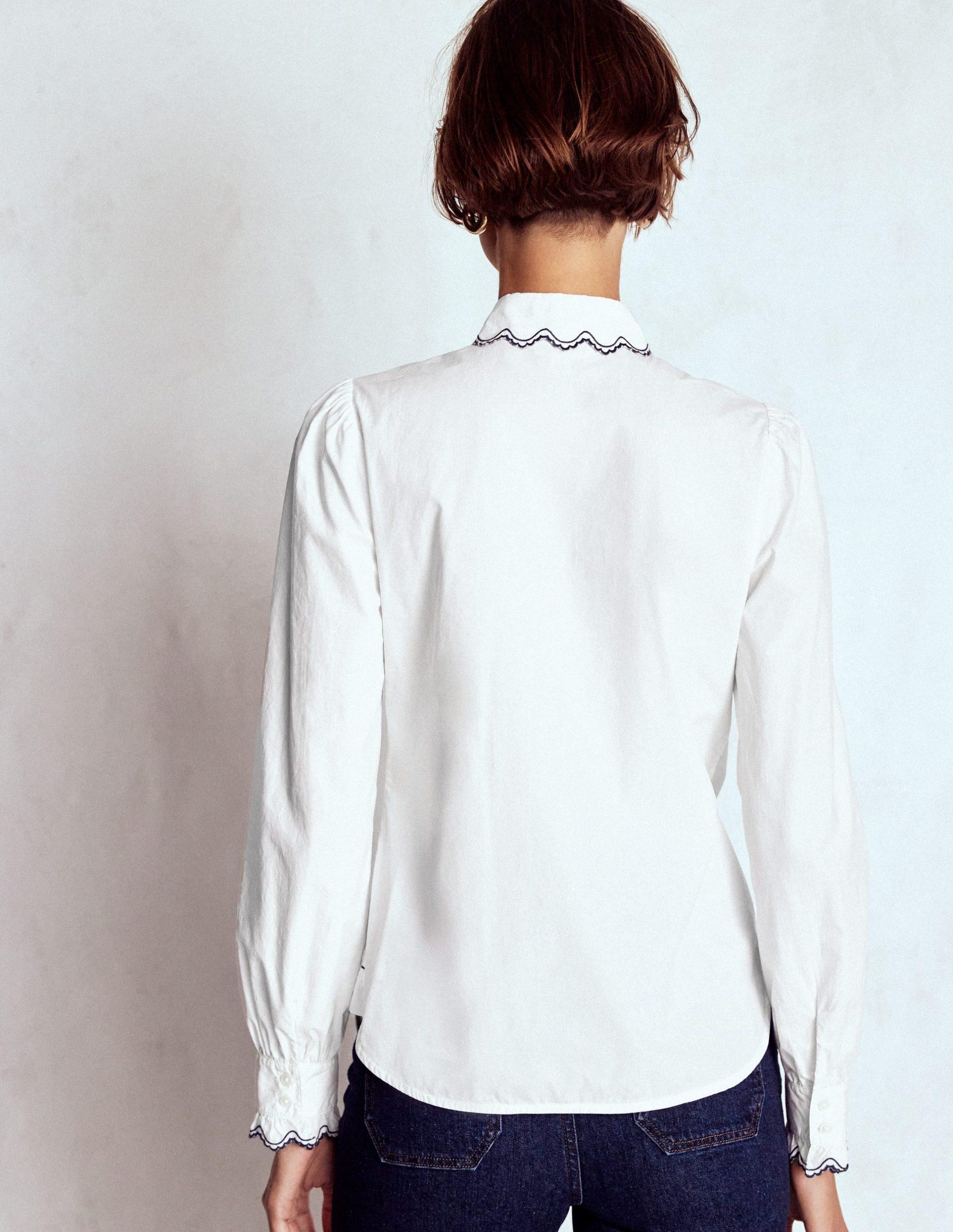 Embroidered Cotton Shirt-White. Navy Embroidery - Image 3