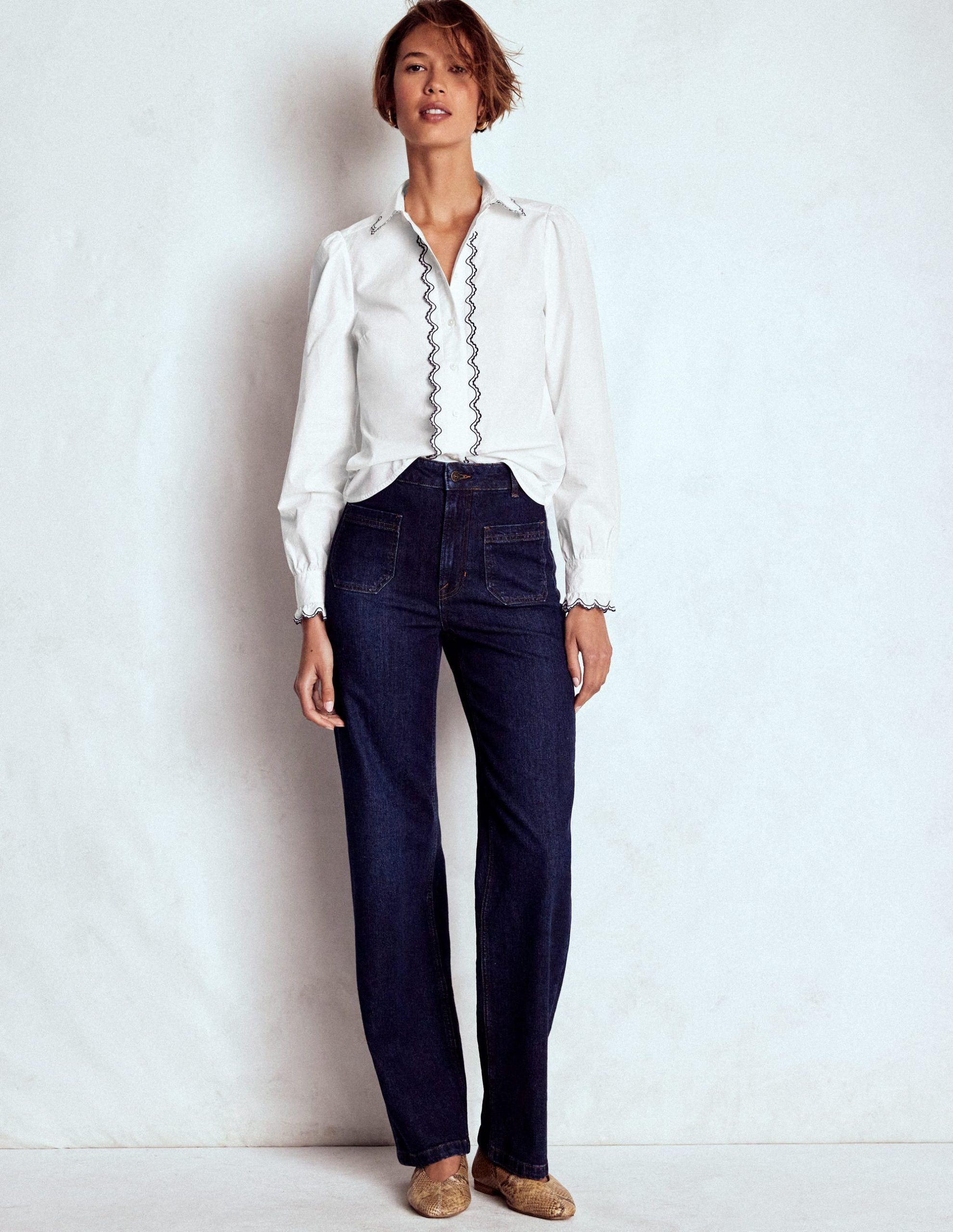 Embroidered Cotton Shirt-White. Navy Embroidery - Image 4