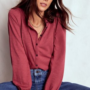 Effie Smocked Detail Shirt-Terracotta Red