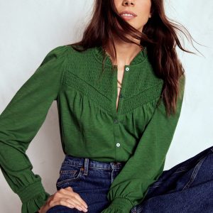 Smocked Yoke Jersey Shirt-Woodland Green