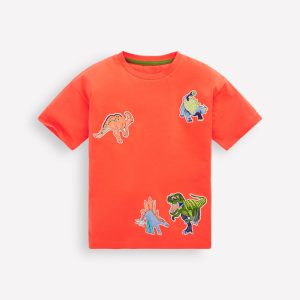 Short Sleeve Badge T-shirt-Coral Orange Dinos