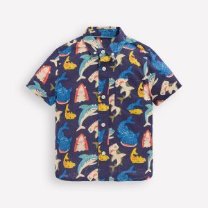 Cotton Linen Shirt-College Navy Multi Sharks