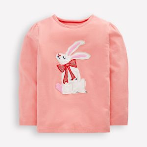 Puff Sleeve Appliqu??  T-shirt-Pink Bunny