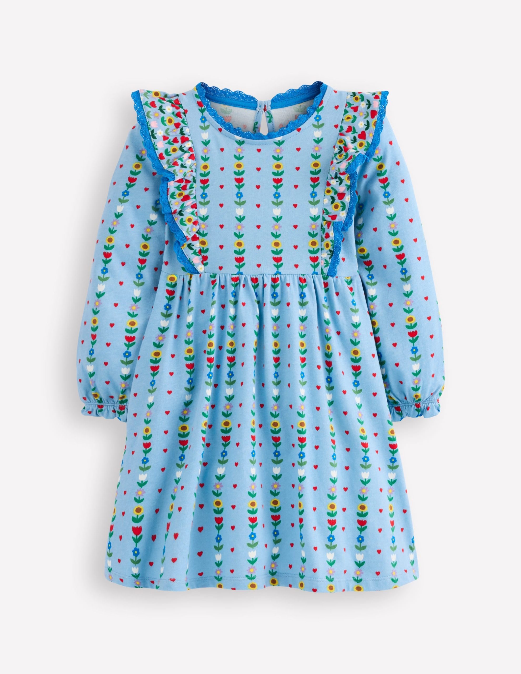 Long Sleeve Ruffle Dress-Glacier Blue Garden Stripe