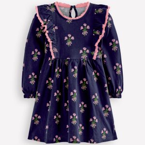 Long Sleeve Ruffle Dress-College Navy Posy