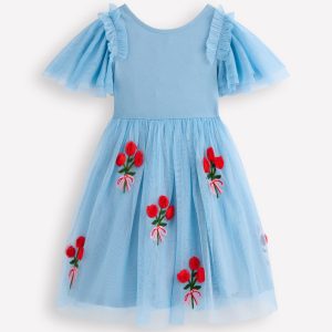 Short Sleeve Logo Tulle Dress-Glacier Blue Roses