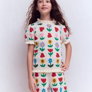 Frill Knitted Top-Ecru Marl Sunflower Garden