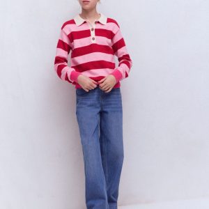 Knitted Rugby Sweater-Port/ Pink Stripe