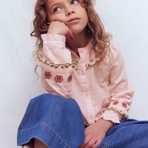 Frill Yoke Blouse-Lotus Embroidery