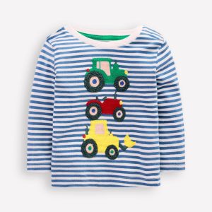 Long Sleeve Appliqué T-Shirt-Blue Stripe Tractors