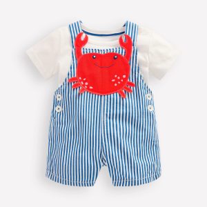 Novelty Woven Overalls Set-Blue Stripe Crab