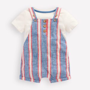 Short Woven Overalls Set-Blue and Red Stripe