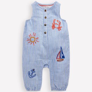 Button Down Romper-Glacier Blue Ocean Embroidery