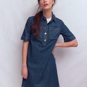 Zia Pocket Shift Dress-Indigo Stripe