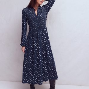 Smocked Jersey Shirt Dress-French Navy. Painted Dot