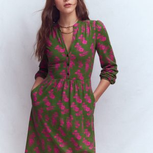 Amy Short Jersey Dress-Olive. Blossomy Sprig