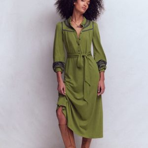 Embroidered Jersey Shirt Dress-Olive