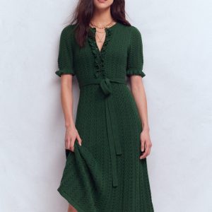 Henley Frill Knitted Dress-Hunter Green