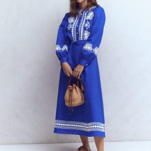 Ava Linen Blend Midi Dress-Blue Embroidery