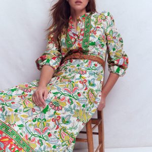 Ava Linen Blend Midi Dress-Multi. Botanical Trail