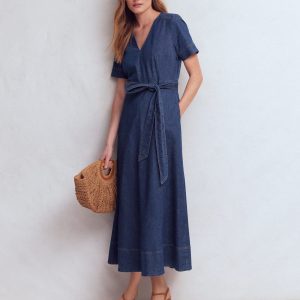 V-Neck Denim Dress-Mid Vintage