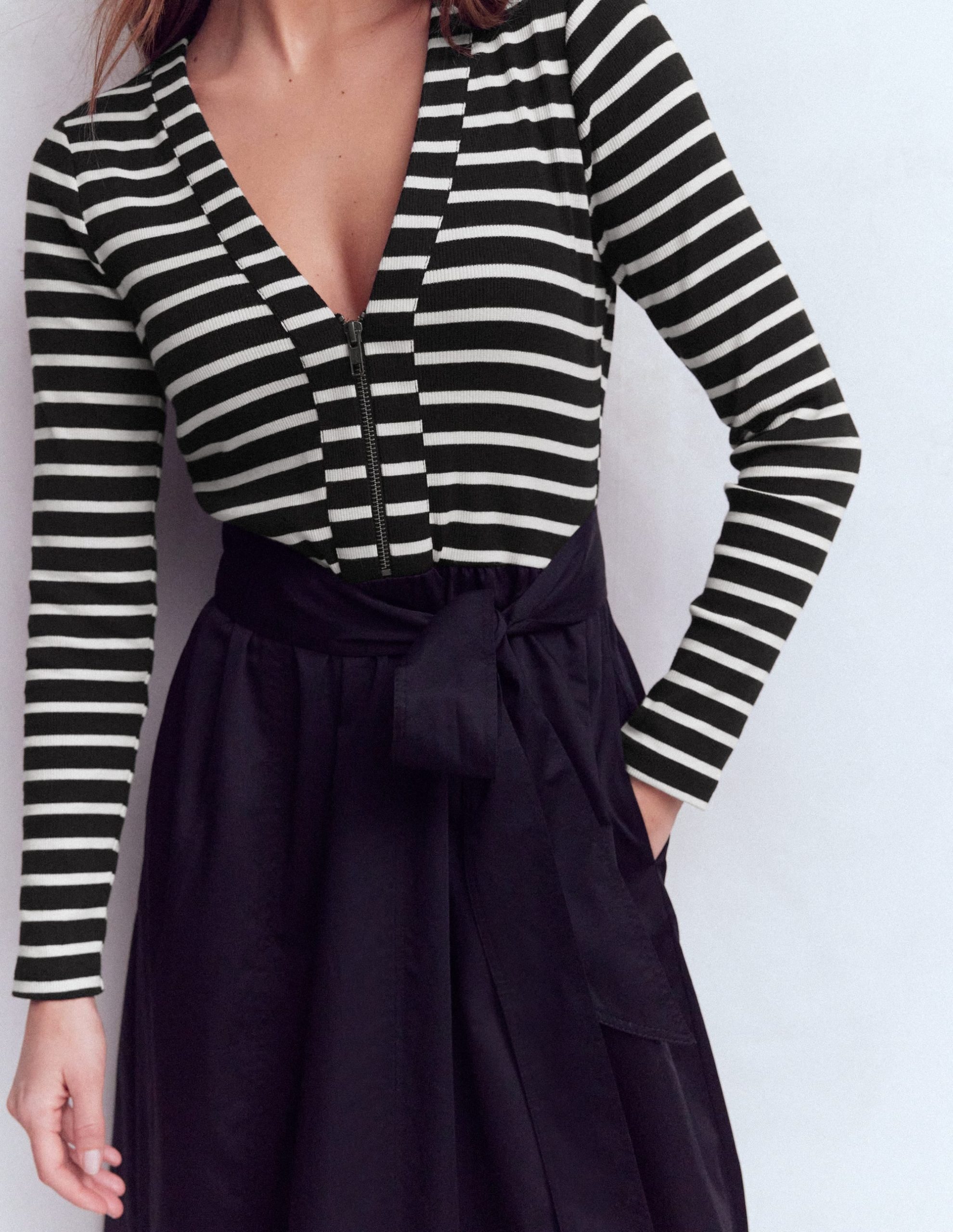 Long Sleeve Mix Media Dress-Black Stripe - Image 2