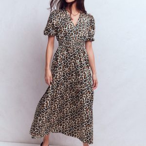 Irene Puff Sleeve Cotton Dress-Almond Milk. Cheetah Pop