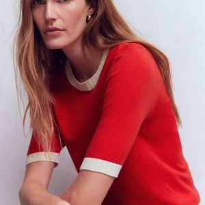 Emilia Cotton Crew T-shirt-Merida Red. Ivory
