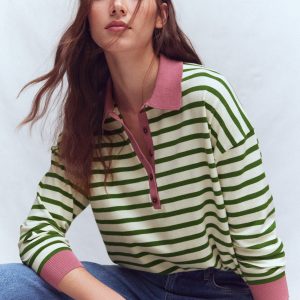 Lara Cotton Henley Jumper-Warm Ivory. Courtyard Stripe