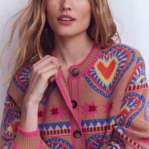 Abi Jacquard Cardigan-Camel Melange. Hearts