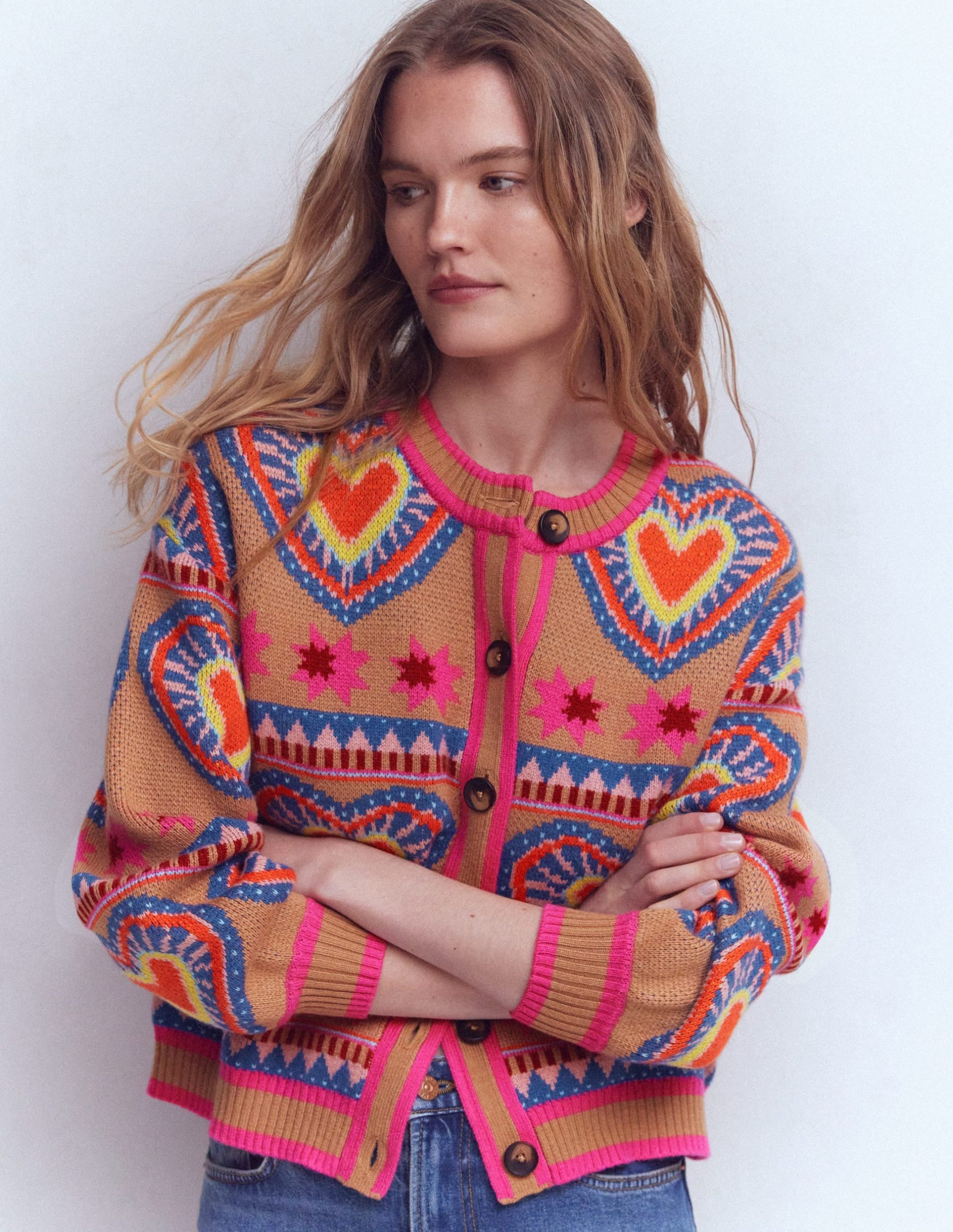 Abi Jacquard Cardigan-Camel Melange. Hearts - Image 2