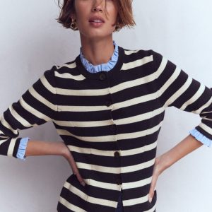 Joanna Fitted Knitted Jacket-Navy/ Warm Ivory Stripe