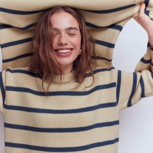 Lucy Oversized Cotton Jumper-Almond Milk/ Denim Blue Stripe