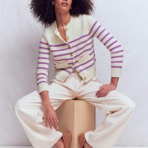 Lucy Chunky Cotton Cardigan-Warm Ivory/ Mulberry Purple