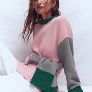 Lucy Relaxed Cotton Sweater-Pink. Grey. Green