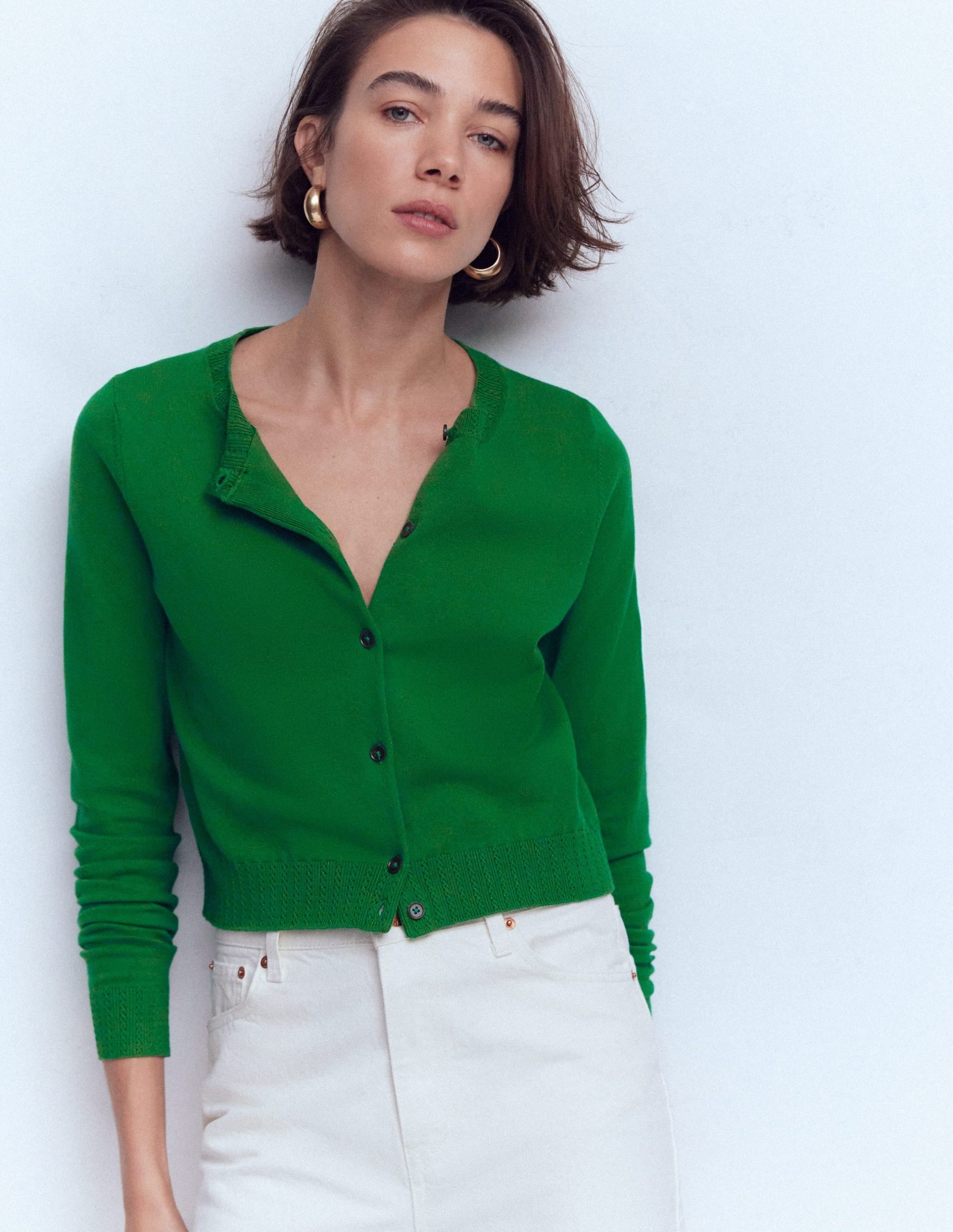 Emilia Cotton Cropped Cardigan-Rich Emerald - Image 4