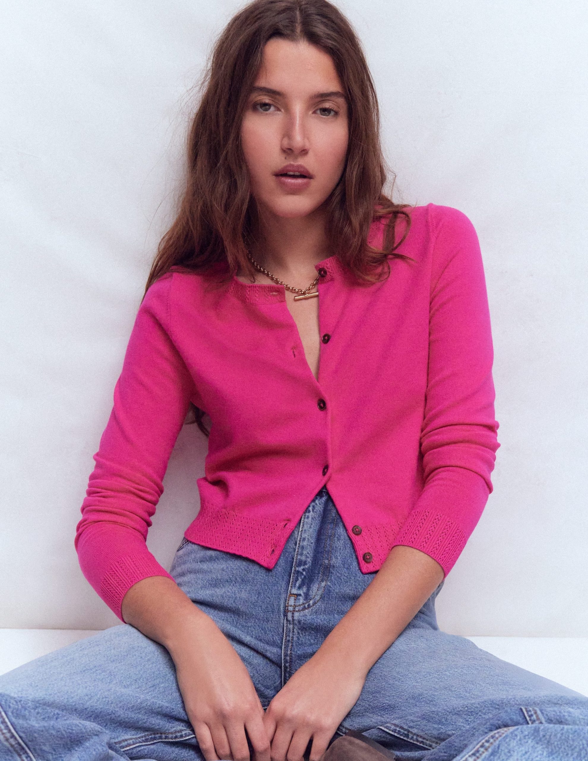 Emilia Cotton Cropped Cardigan-Pink Peony