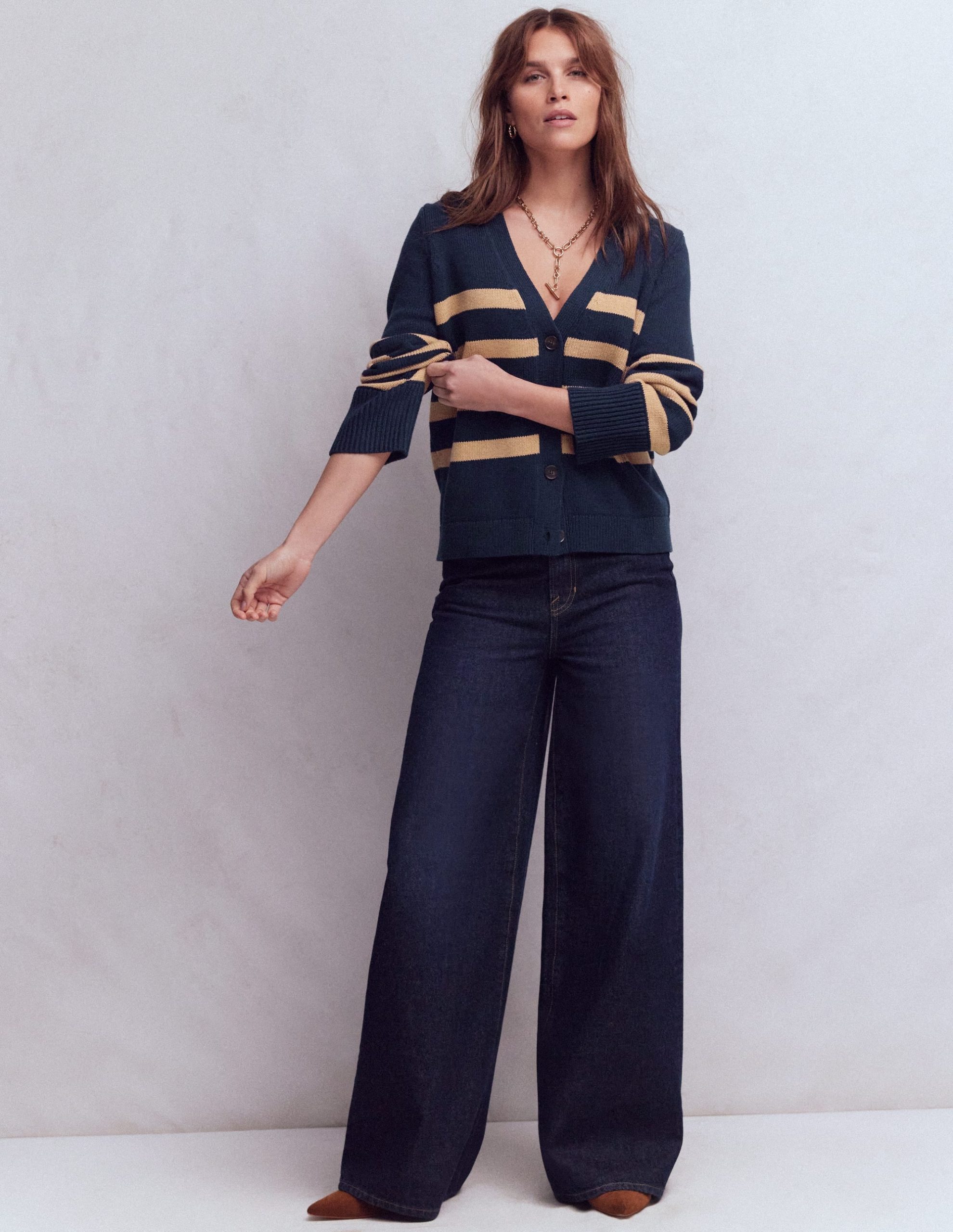 Lucy Relaxed Cotton Cardigan-Navy/ Camel Melange - Image 4