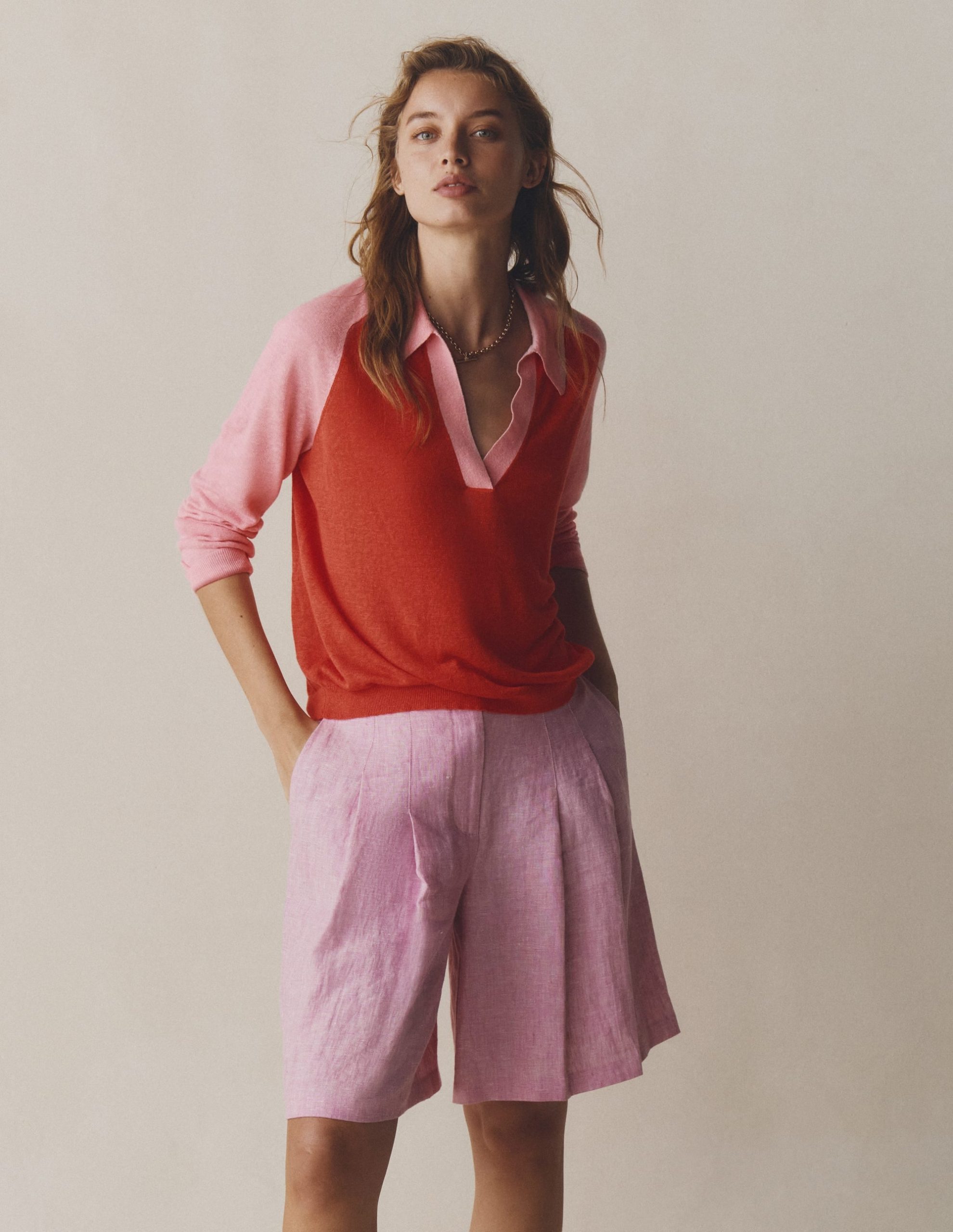 Agnes Collared Linen Jumper-Sunkissed Coral / Formica Pink - Image 8