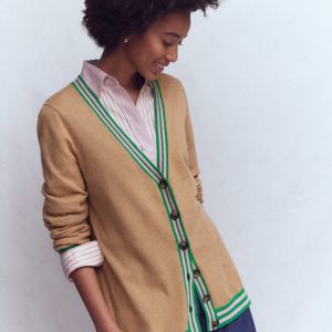V Neck Longline Cardigan-Camel Melange