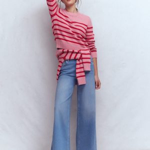 Lucy Chunky Cotton Sweater-Pink/ Red