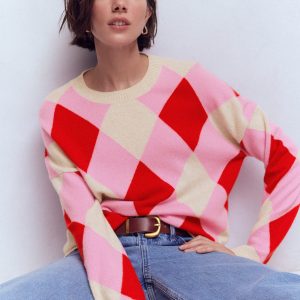 Anastasia Cashmere Sweater-Red and Pink Argyle