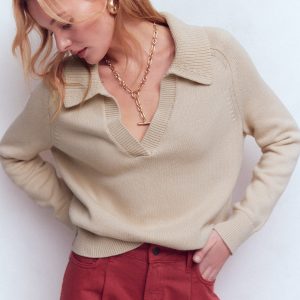 Cotton Henley Sweater-Almond Peach