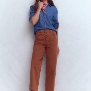 Exposed Button Straight Jeans-Brown